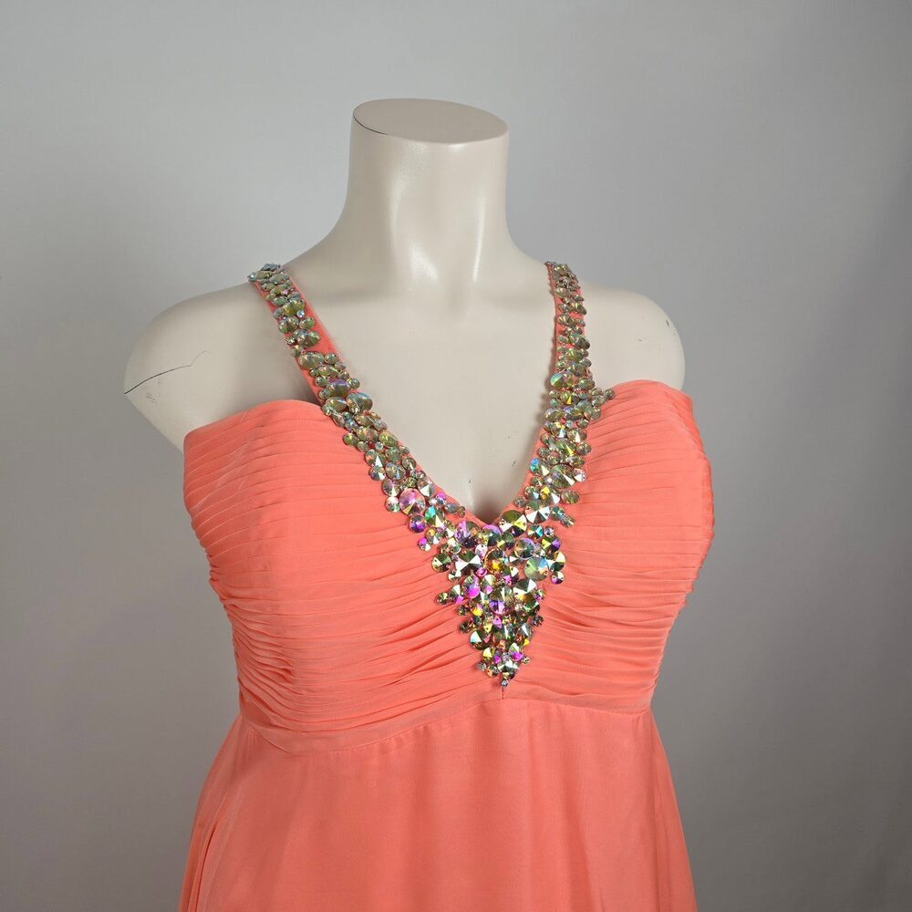 Night Moves Coral Chiffon Evening Gown Size 20W Beaded Formal Dress Flowy & Ele - Picture 2 of 11